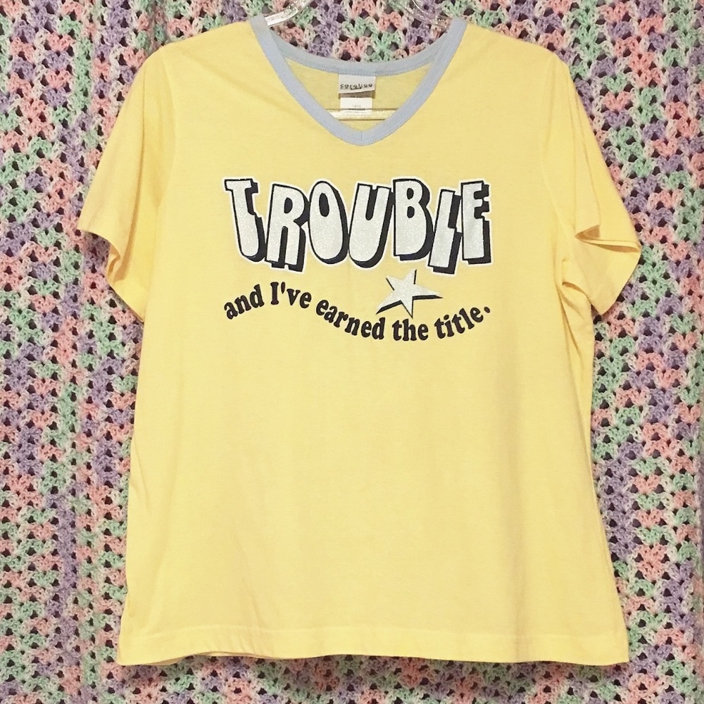 Vintage 90s Plus Size 'Trouble' Yellow Ringer Tee